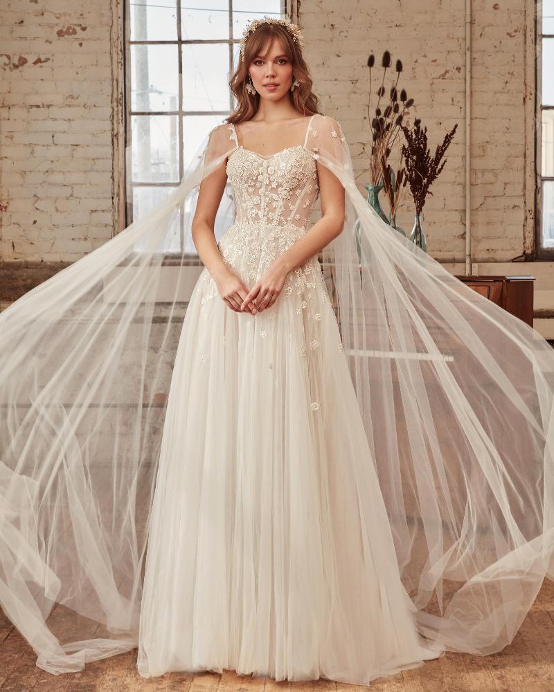 La21227 a line tulle wedding dress with cape sleeves or strapless neckline 7
